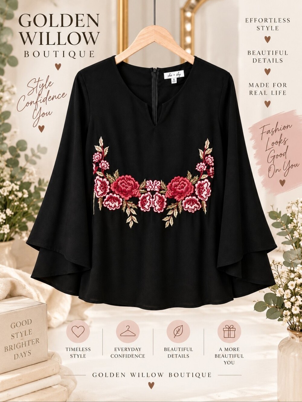 Black Layered Bell Sleeve Blouse With Empire Waist With Rose Embroidery Detail